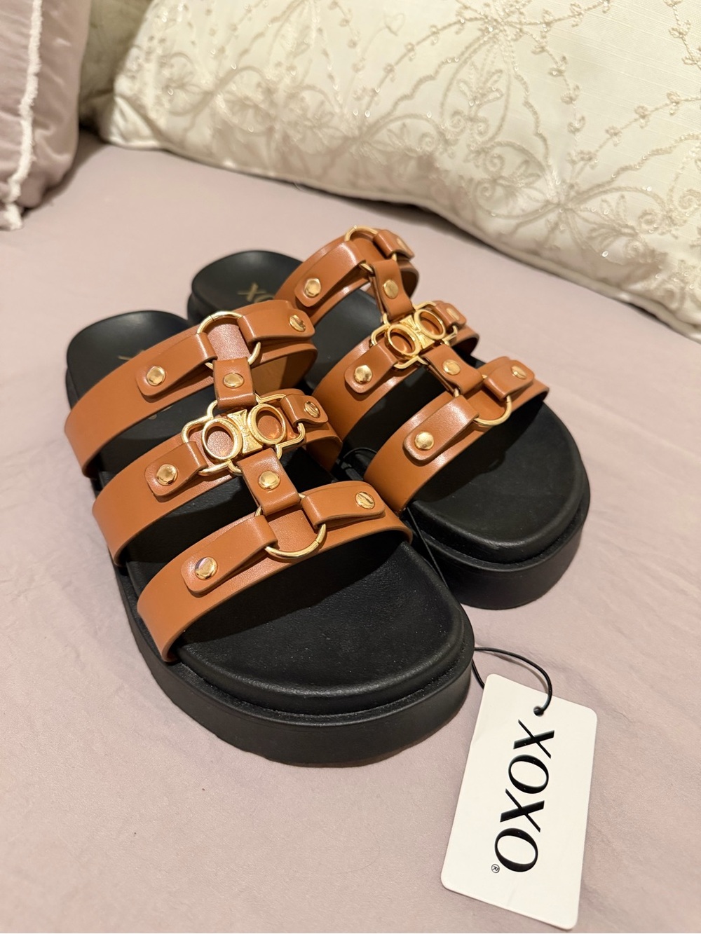 XOXO Brown Leather Triple-Strap Platform Sandals with Gold Hardware